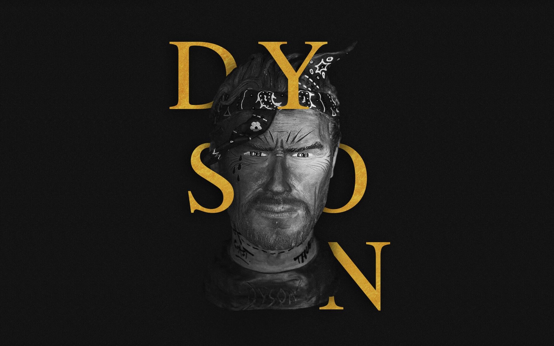 Buste sculpté de Dyson devant les lettres D Y S O N en or